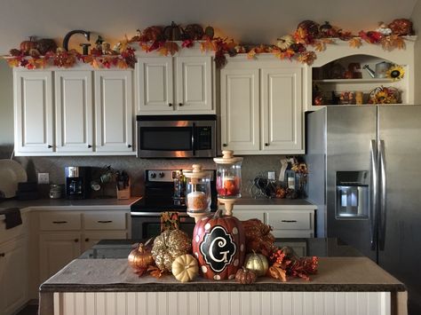 Decor Above Kitchen Cabinets, Top Of Kitchen Cabinets, Fall Apartment Decor, Elegant Kitchen Decor, Decorating Above Kitchen Cabinets, Halloween Decor Diy, Above Kitchen Cabinets, Above Cabinets, Meaningful Artwork