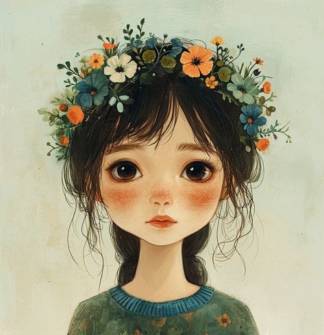 ✨🎨Charming Illustrations with Creative Midjourney Prompts: Click on the Link in my Profile📌🔗 Flower Crown Illustration, Drawing Of Girl, Crown Illustration, Flowers Headband, Girl With Flowers, Water Illustration, Chibi Anime Kawaii, Cute Cartoon Drawings, People Illustration