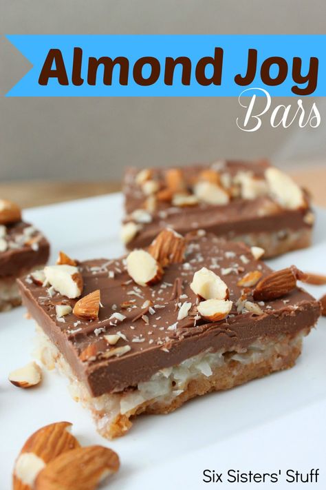 Almond Joy Bars Recipe/Six Sisters' Stuff | Six Sisters' Stuff Almond Joy Bars Recipe, Almond Joy Bars, Six Sisters Stuff, Six Sisters, Almond Joy, Bars Cookies, Homemade Candies, Bars Recipe, Bar Recipes