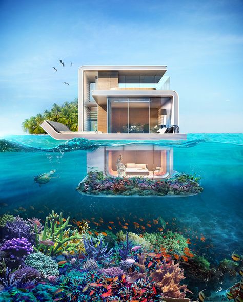 These Crazy Awesome Floating Villas Now Exist IRL Underwater Bedroom, Underwater Room, Luxury Houseboats, Underwater House, Casas The Sims 4, Floating House, Luxury Homes Dream Houses, Amazing Architecture, House Boat