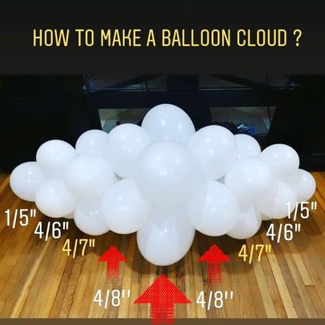 Cloud Balloon Decoration, Cloud Balloon Decor, Cloud Balloon Backdrop, How To Make Balloon Clouds, Balloon Cloud Centerpiece, Cloud Balloon Centerpiece, Cloud Balloons Diy, Cloud 9 Birthday Party Ideas Diy, Balloon Clouds Diy