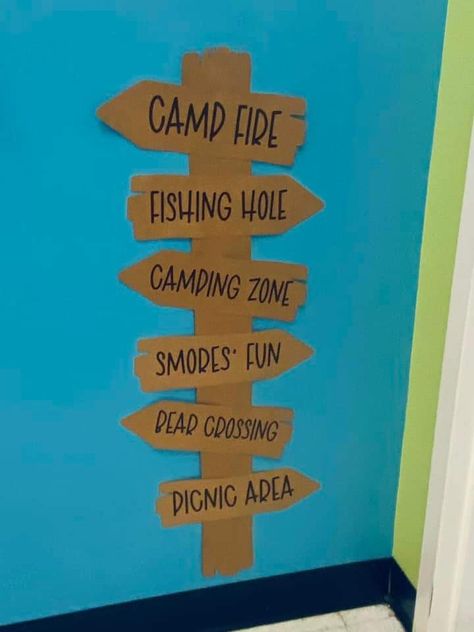 Camping Theme Reading Night, Diy Camp Party Decorations, Camping Decor For Classroom, Summer Camp Classroom Themes, Camp Fire Light Vbs Decorations, Camping Display Ideas, Camping Office Decor, Campsite Dramatic Play, Camping Theme Decorations Diy