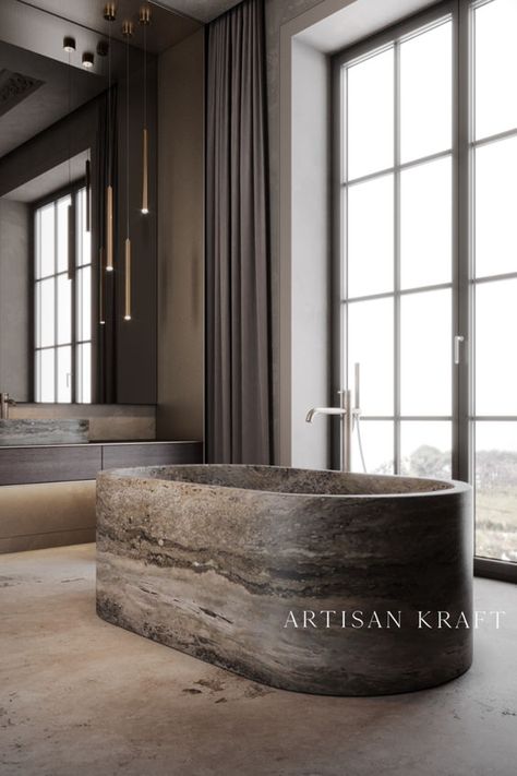 Modern Oval Silver Travertine Stone Bathtub by Artisan Kraft. Shop our link below for more stone marble tubs. Concrete Bathtub, Lantern House, Silver Travertine, Marble Bathtub, Marble Tub, Stone Tub, Modern Tub, New Bathroom Designs, Modern Bathtub