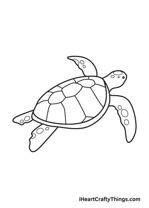 Sea Turtle Drawing — How To Draw A Sea Turtle Step By Step Drawing A Sea Turtle, Turtle In Ocean Drawing, Penyu Drawing, Hawaiian Drawings Easy, Cute Drawings To Trace, Line Work Turtle Tattoo, Simple Sea Turtle Drawing, Hawaii Drawing Easy, How To Draw A Sea Turtle