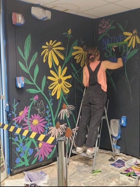 Mural For Art Studio, Laundry Room Wall Mural, Painting Garden Walls, Paint Murals On Walls, Plant Wall Mural Painting, Geometric Mural Art, Exterior Wall Mural Ideas, Fun Hallway Paint Ideas, How To Paint An Outdoor Mural