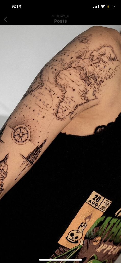 Map Tattoo Women, Men’s Sleeve Tattoo Ideas Geometric, World Map Tattoo Thigh, Shoulder Map Tattoo, World Map Tattoo Women, World Sleeve Tattoo, World Map Shoulder Tattoo, World Map Line Art Tattoo, World Map Travel Tattoo