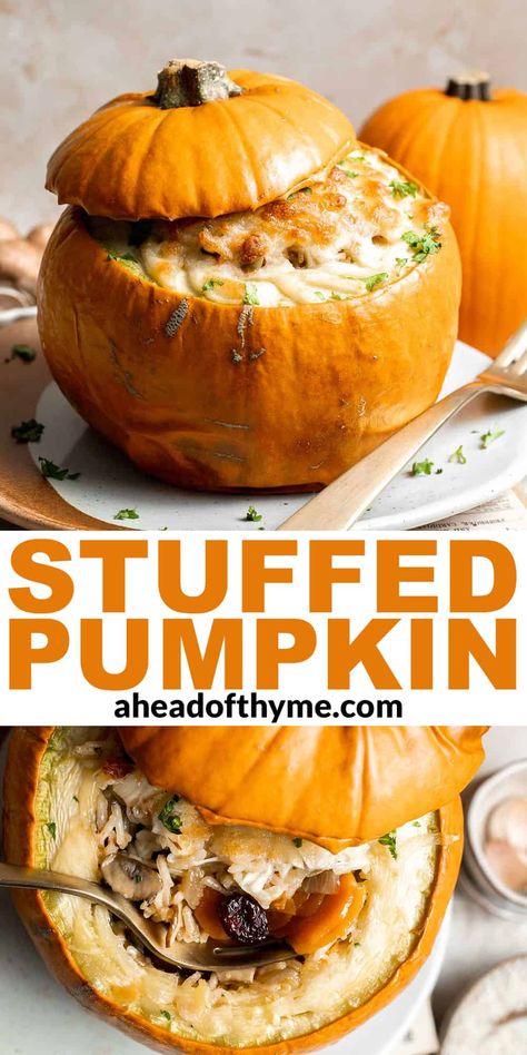 This Stuffed Pumpkin is filled with a savory blend of rice, veggies, and cranberries then topped with cheese and baked until the pumpkin is perfectly tender and the cheese is melty. Plus, these stuffed veggies are naturally vegetarian and gluten-free. So make the most of pumpkin season this year and serve it as a main dish for dinner or as a festive side for your holiday meals. | aheadofthyme.com #stuffedpumpkin #pumpkin via @aheadofthyme Vegetarian Stuffed Pumpkin, Pumpkin Side Dish Recipes, Stuffed Pumpkin Recipes, Pumpkin Bake, Stuffed Veggies, Stuffed Pumpkin, Thyme Recipes, Biggest Pumpkin, Pumpkin Squash