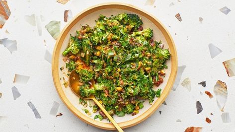 Broccoli Spoon Salad With Warm Vinaigrette Recipe | Bon Appetit Date Salad, Moroccan Spice Blend, Recipe Broccoli, Spoon Salad, Make Ahead Salads, Drying Cilantro, Raw Broccoli, Quick Salads, Moroccan Spices