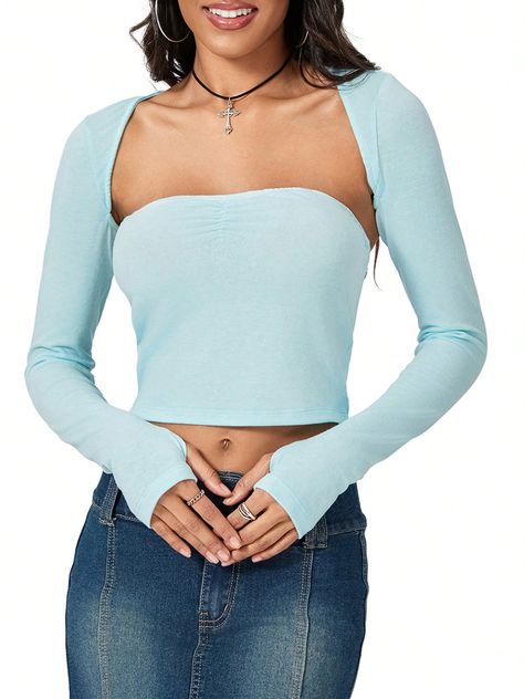 Women Tube Tops Set Solid Color Summer Strapless Cropped Bandeau And Shrug Set Streetwear 2025 Clothing Blue Casual  Long Sleeve Fabric Plain  Slight Stretch All Women Clothing, size features are:Bust: ,Length: ,Sleeve Length: Tube Tops, Tube Top, Womens Tees, Women Clothing, Womens Tops, Solid Color, Street Wear, Sleeve Length, Clothes For Women