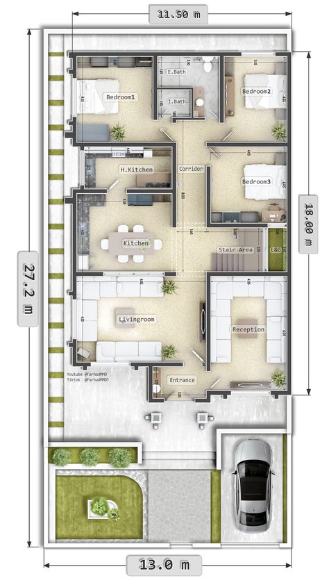 3 Bedroom, Single story, Exterior, House-B1 1 Story House, Single Floor House Design, Beautiful Exterior, Architecture Design Drawing, Architectural House Plans, Architecture Concept Drawings, Architecture Concept, Corner House, Village House