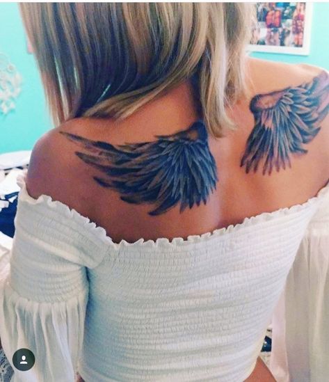 Angel wings Tattoo I think this is the size I'm looking for Wings Tattoo Shoulder Women, Angel Wings Tattoo On Chest Women, Wing Shoulder Tattoo Women, Angel Tattoo On Back For Women, Wing Tattoo Women Back, Shoulder Blade Wing Tattoo, Back Tattoo Women Angel Wings, Bird Wing Tattoo Back, Wing Tattoos On Back Women