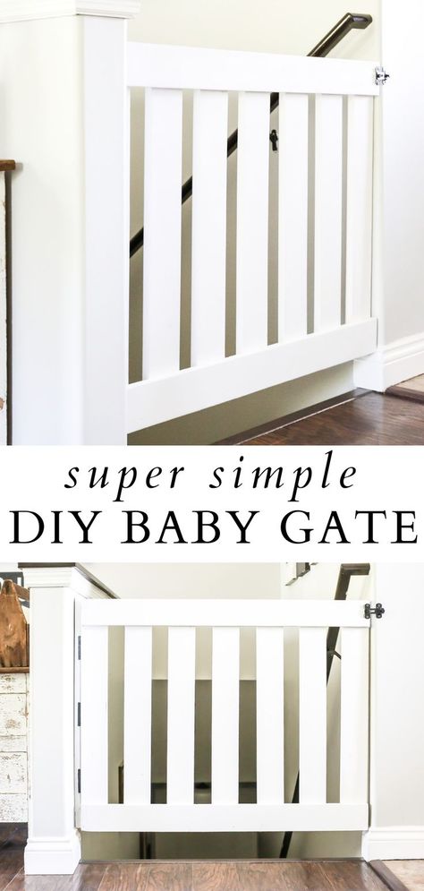 Simple white wooden DIY baby gate How To Make A Dog Gate For Stairs, Diy Indoor Gate Ideas, Wooden Baby Gates For Stairs, Diy Pet Gate For Stairs, Diy Gate For Dogs, Diy Wooden Gate For Stairs, Dog Gates For Stairs Diy, Diy Half Door Ideas, Half Door Diy