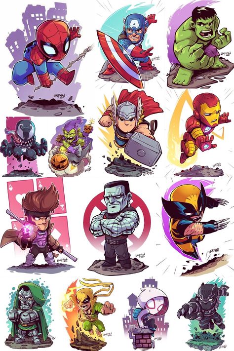 Marvel Comics. Comic Book Artwork • Marvel Characters by Derek Laufman. Follow us for more awesome comic art, or check out our online store www.7ate9comics.com Chibi Marvel, Avengers Cartoon, Marvel Cartoons, Karakter Marvel, Marvel Tattoos, Marvel Drawings, Pahlawan Marvel, Comic Book Artwork, Marvel Artwork