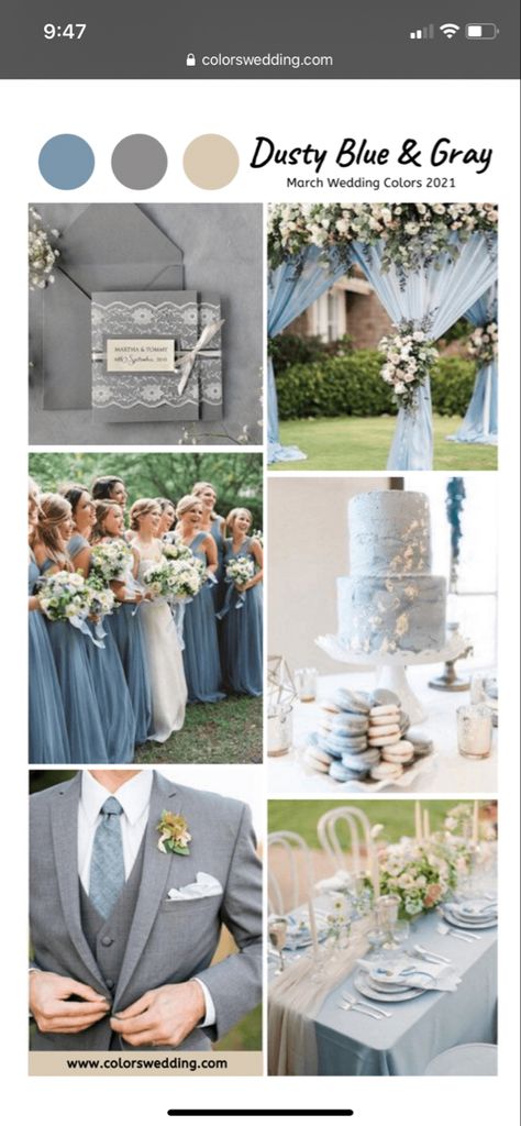 Dusty Blue And Dark Grey Wedding, Blue Grey Wedding Colors, Dusty Blue And Grey Wedding, Blue And Grey Wedding, Blue Gray Wedding, March Wedding Colors, Blue And Gray Wedding, Grey Wedding Theme, Wedding Color Palettes