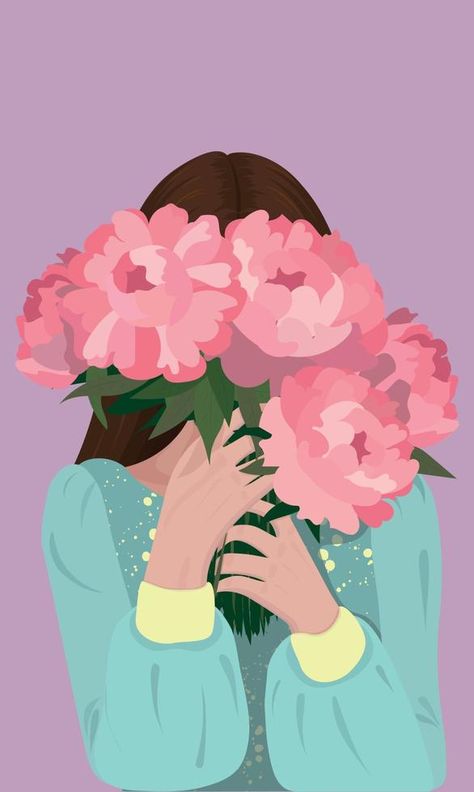 Beautiful woman covered her face with peonies Woman With Flowers Drawing, Lingerie Quotes, Flower Bouquet Painting, Pink Illustration, Woman Artwork, Glitter Phone Wallpaper, Cute Food Drawings, Illustration Art Girl, Painting Of Girl