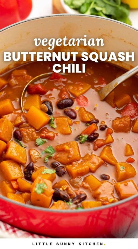 Vegetable Chilli Recipe, Chicken Drumstick Recipes Crockpot, Butternut Squash Crockpot, Butternut Squash Chili Recipe, Butternut Squash Chilli, Lentil Chili Recipe, Vegetarian Chili Crock Pot, Squash Chili, Butternut Squash Stew