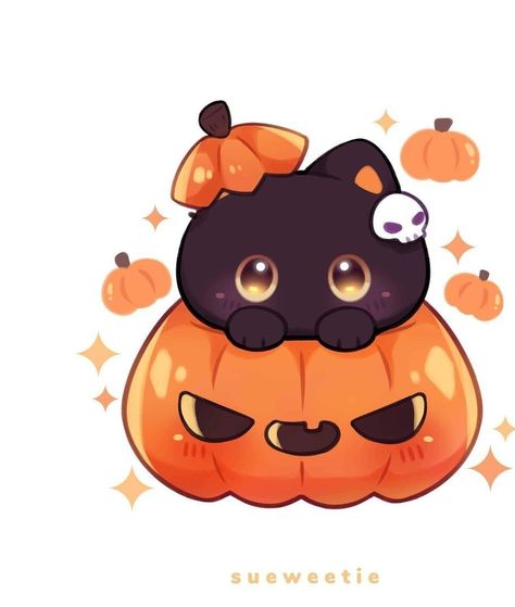 Pumpkin cat Cat Overlay, Halloween Art Drawing, Chibi Halloween, Cat In Pumpkin, Cute Halloween Drawings, Kawaii Pumpkin, 3 Pumpkins, Pumpkin Drawing, Image Halloween