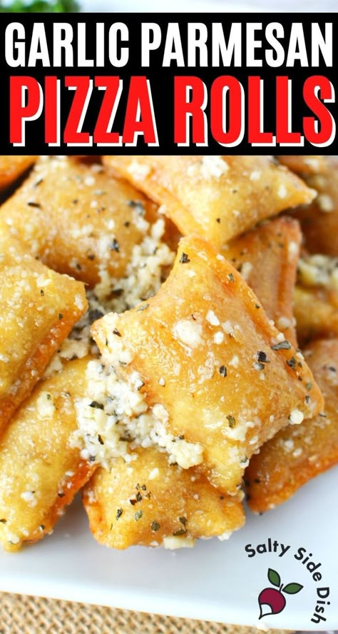 pile of GARLIC PARMESAN PIZZA ROLLS Garlic Parmesan Pizza, Homemade Pizza Dough Recipe, Parmesan Pizza, Homemade Pizza Rolls, Pizza Roll Recipe, Breakfast Pizza Recipe, Baked Pizza, Pizza Sauce Recipe, Easy Homemade Pizza