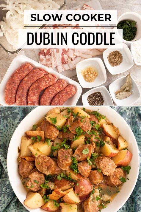 Irish Coddle Recipe, Irish Stew Crockpot, Irish Coddle, Dublin Coddle Recipe, Irish Dinner Recipes, Coddle Recipe, Easy Irish Recipes, Dublin Coddle, Irish Stew Recipe