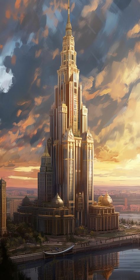 Fantasy Russian City, Skyscraper Concept Art, Science Fiction Architecture, Fantasy Skyscraper, Futuristic Building Concept Art, Skyscraper Concept, Futuristic Skyscraper, Wooden Skyscraper, Skyscraper Art