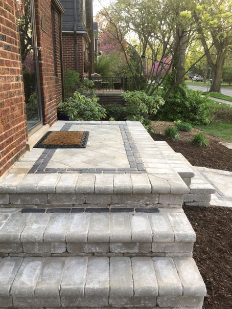 Paver Porch, Front Porch Stone Steps, Front Walkway Landscaping, Front Porch Stairs, Paver Installation, Front Porch Stone, Stone Installation, Paver Steps, Birmingham Michigan