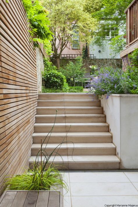 Sloping Garden Ideas, Terrace House Garden, Terraced House Garden, Charlotte Rowe, Steep Gardens, Sloping Garden, Small Garden Landscape, Patio Steps, Tiered Garden