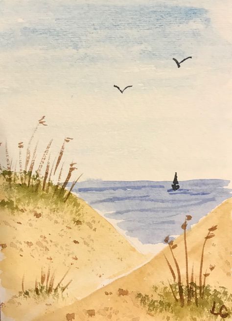 Watercolor Art Beach Simple, Watercolor Painting Easy Ideas, Beach Watercolor Paintings Simple, Watercolor Inspo Simple, East Watercolour Painting, Easy Things To Watercolor, Simple Beach Drawings, Easy Beach Painting For Beginners, Watercolor Art Simple