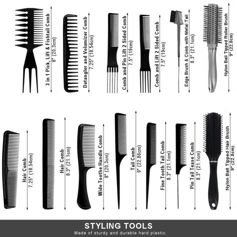 AC053 - 10 Hair Combs, 2 Brushes, 1 Edge Comb by Wig Aisle - WIG AISLE ACCESSORY BUNDLE: contains useful tools for styling your hair and wigs. 10-piece comb set, 1-Round Roller Brush, 1-Hair Brush and 1-Edge Comb..ADDITIONAL INFORMATION:Type: Accessory BundleLength: VariesStyle: AccessoryCap Size: Useful for many hair lengths and texturesAccessory BundleVersatile assorment of combs and brushes for styling both human and synthetic hair.COLOR INFORMATION: Color shown is BLACK Combs. Brush ships in Hair Ventilation, Types Of Hair Brushes, Combs And Brushes, Parting Comb, Hair Color Brush, Hair Tool Set, Embracing Diversity, Hair Curling Tips, Comb Set