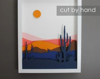 Layered Artwork Paper, Construction Paper Art, Texture Layers, Art Mountains, Recycled Magazines, Cut Out Art, Paper Cutout Art, Desert Scene, Layered Art