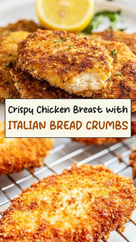 Discover a delicious recipe for juicy chicken breast coated in savory Italian bread crumbs. This easy-to-make dish is perfect for weeknight dinners or special occasions. The combination of tender chicken and flavorful seasonings will have your family asking for seconds! Enjoy a taste of Italy right in your own kitchen with this mouthwatering meal option. Serve it alongside your favorite sides for a complete and satisfying dinner that everyone will love. Bon appétit! Italian Breaded Chicken Cutlets, Chicken With Italian Bread Crumbs, Chicken Italian Bread Crumbs Recipe, Italian Bread Crumbs Chicken, Chicken Tenders With Bread Crumbs, Breaded Chicken With Pasta, Bread Crumbs Recipe Chicken, Italian Crusted Chicken, Bread Crumb Chicken Breast