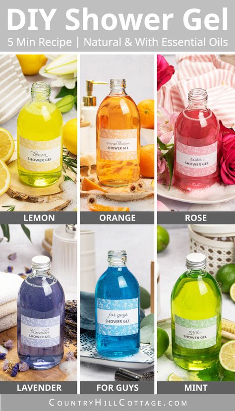 Bottles filled with homemade shower gel Homemade Shampoo Recipes Without Castile Soap, Diy Shower Gel Homemade Body Wash, Soap Marketing Ideas, Diy Body Wash With Castile Soap, Soap Bottle Packaging, Diy Shower Gel, Shower Gel Diy, Shower Gel Recipe, Homemade Shower Gel