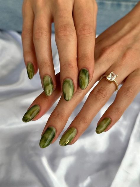 Glass Jade Nails, Sage Green Cat Eye Nails, Matcha Nail Color, Brown And Green Nails Design, Neutral Nail Designs Almond, Green Glazed Nails, Fall Nail Designs Green, Wicked Nail Designs, Green Oval Nails