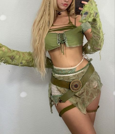 Nature Rave Outfit, Subversive Rave Outfit, Fairy Core Festival Outfit, Swamp Fairy Outfits, Dark Fairy Rave Outfit, Cottage Core Rave Outfit, Green Festival Outfit, Rave Fairy Outfits, Cool Rave Outfits