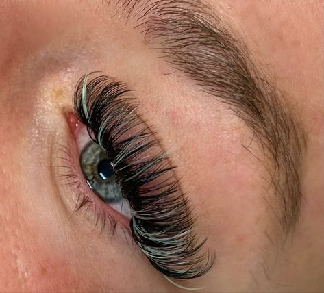 Lash Extensions With Green, Green Lashes Extensions, Green Eyelash Extensions, Green Lash Extensions, Lashes With Color, Green Lashes, Colored Lash Extensions, Lash Book, Lash Ideas