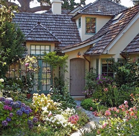 House Design Cottage Style, Fairy Tale House Exterior, 1920s Tudor Home, Cottage And Garden, Cottage Home Front Yard, Wacky House Exterior, Cozy Cottage Exterior Fairy Tales, Folklore Aesthetic House, Small Cute Garden