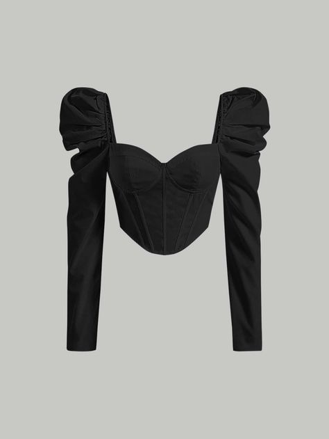 Negro Casual Collar manga larga Tela tricotada Liso Top Embellished No-Elástico Plain Top Designs, Corset Long Sleeve Top, Back To College Outfits, Casual Shirts Outfit, Kids Fashion Wear, Black Casual Shirt, Rich Clothes, Black Corset Top, Women Blouses