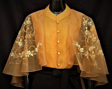 Modern FILIPINIANA Inspired Dress Silk Hand-Painted CAPE BARONG tagalog Philippine National Costume - Gold Philippine National Costume, Cape Blouse, Modern Filipiniana, National Costume, Cape, Hand Painted, Silk, Womens Dresses, Yellow