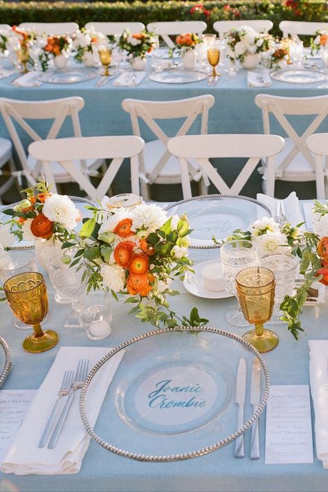 Blue And Orange Wedding Theme, Coastal Wedding Colors, Orange Beach Wedding, Orange Wedding Theme, Blue And Orange Wedding, Blue Orange Weddings, Back Lace Wedding Dress, Orange Wedding Themes, Spring Wedding Color Palette