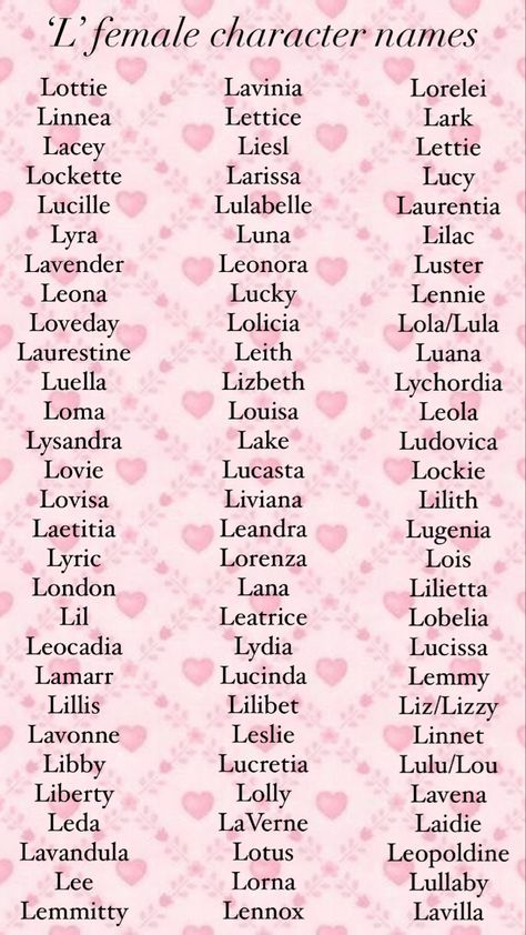 Names for female characters beginning in the letter ‘L’. Unique Women Names, Name Art Aesthetic, M Female Names, Unique Names And Meanings, L Names For A Girl, Pretty Last Names For Characters, Female Last Names, Vintage Female Names, Female Oc Names