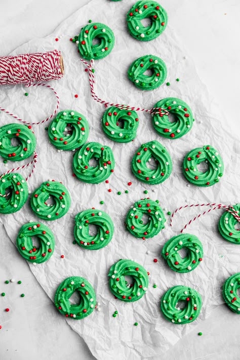 Wreath Butter Cookies | Cravings Journal Shortbread Wreath Cookies, Butter Cookies Christmas, Fun Snack Ideas, Journal Recipes, Christmas Wreath Cookies, Christmas Cookie Boxes, Xmas Cookie, Seasonal Baking, Christmas Goodie Bags