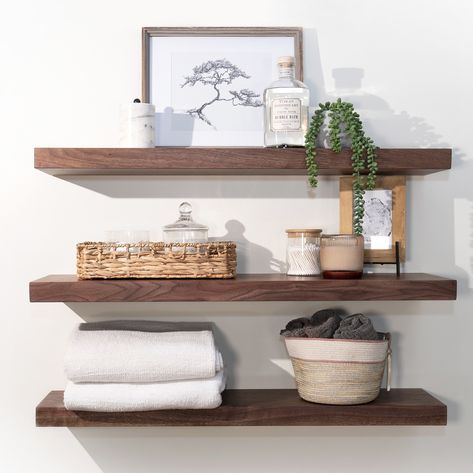 Add a touch of luxury with our Black Walnut floating shelves. Rich, dark hues and unique grain pattern make every shelf a statement piece. 🖤 #SHELV #walnutshelves #blackwalnutfloatingshelves #customfloatingshelves #canadianwoodworker Dark Wood Floating Shelves, Solid Wood Floating Shelves, Dark Wood Shelves, Heavy Duty Floating Shelves, Walnut Floating Shelves, Custom Floating Shelves, Bathroom Shelves Over Toilet, Walnut Shelves, Floating Shelf Brackets