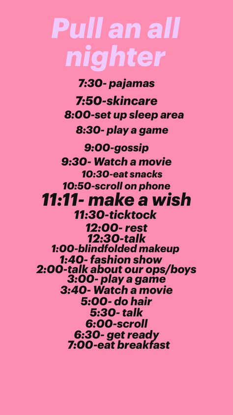 Pull A All Nighter, Pull An All Nighter, Fun Sleepover Activities, Teen Sleepover Ideas, Sleepover Essentials, Fun Sleepover Games, Birthday Sleepover Ideas, Sleepover Party Games, School Routine For Teens