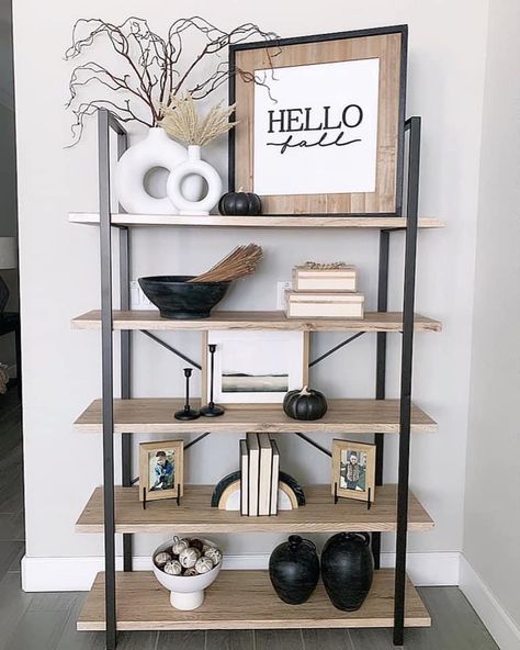 Styling Industrial Bookshelves, 3 Shelf Bookcase Decor, Living Room Bookshelf Decor Ideas, Standing Bookshelf Decor, Unused Space Ideas Living Rooms, Shelf Styling Living Room Modern, Shelf Unit Decor Living Room, Ladder Shelf Styling Living Room, Metal Shelf Decor Living Room