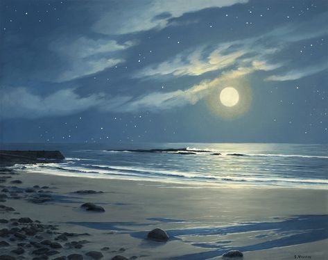 Cornwall Painting by Cornish Seascape and Landscape Artist Sarah Vivian of stars falling into a silver sea, Sennen, West Penwith, Cornwall. Available to buy as prints and cards Sea Drawing, Scilly Isles, Beach Drawing, Moonlight Painting, Water Pictures, Beach At Night, Silver Sea, Beach Night, Landscape Photography Nature