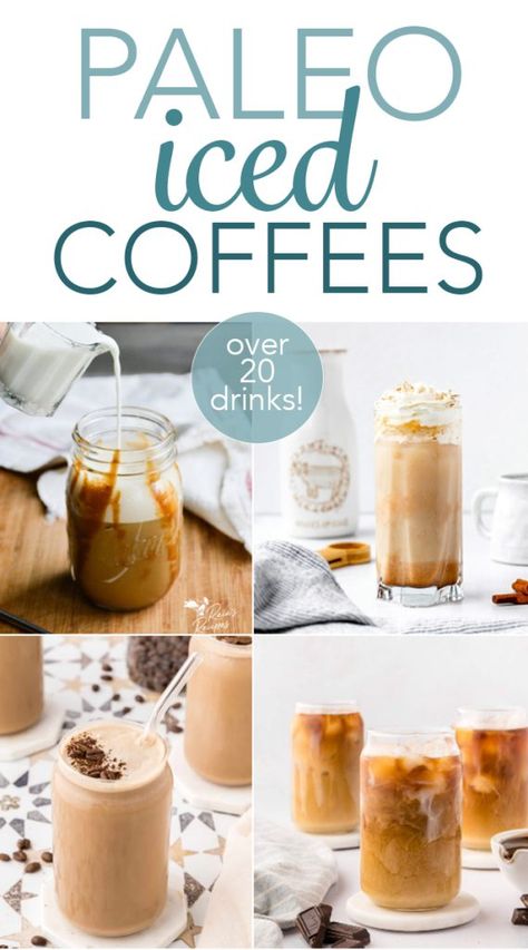 20+ paleo iced coffees from raiasrecipes.com Paleo Coffee Recipes, Paleo Iced Coffee, Whole 30 Coffee Recipes, Paleo Iced Coffee Recipes, Paleo Coffee Syrup, Paleo Starbucks Drinks, Paleo Coffee Drinks, Herbal Coffee Recipe, Healthy Iced Coffee