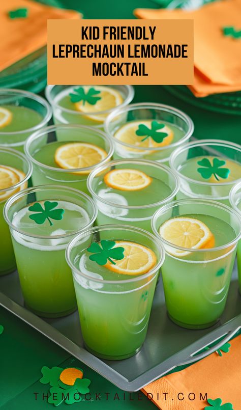 This Kid-Friendly Leprechaun Lemonade Mocktail is a fun and festive green non-alcoholic drink for St. Patrick’s Day! Made with refreshing lemonade, this St. Patty's Day drink is perfect for parties, classroom celebrations, or a festive family night. A must-try green punch recipe for your holiday table! St Patrick Day Coffee Drinks, St Patricks Punch, St Patrick's Day Drinks Nonalcoholic, St Patricks Party Food For Kids, Irish Drinks Non Alcoholic, St Patrick’s Day Drinks For Kids, St Patrick’s Day Mock Tails, Rainbow Drinks For Kids, Green Punch For Kids