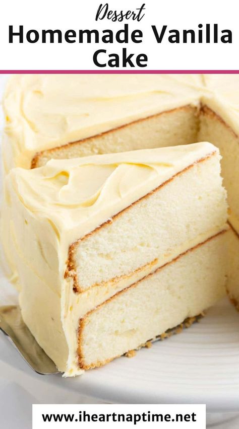 This homemade vanilla cake is an impressive yet simple one-bowl recipe that makes even a beginner baker feel like a professional! A soft tender cake infused with the heavenly flavor of vanilla that pairs well with any frosting! Iheartnaptime Vanilla Cake, Vanilla Cake With Chocolate Icing, Old Fashioned Vanilla Cake, Home Made Vanilla Cake Recipes, Homade Cakes Recipe, Cake Flour Cake Recipe, Homemade Vanilla Cake Recipe Easy, Vanilla Cake Recipe Without Butter, Dense Vanilla Cake Recipe