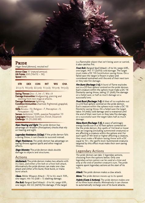 Pride Demon, Monster Manual, Dnd Stats, Dnd Homebrew, Dungeon Master's Guide, Dungeons And Dragons 5e, Dungeons And Dragons Classes, D D Monsters, Dnd 5e Homebrew