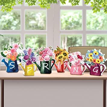 6 Pieces Spring Wood Block Signs Wooden Tabletop Spring Signs Spring Decor Flowers Decor Tiered Tray Decorations Watering Can Spring Table Centerpiece Wall Pediments for Home Farmhouse Tabletop