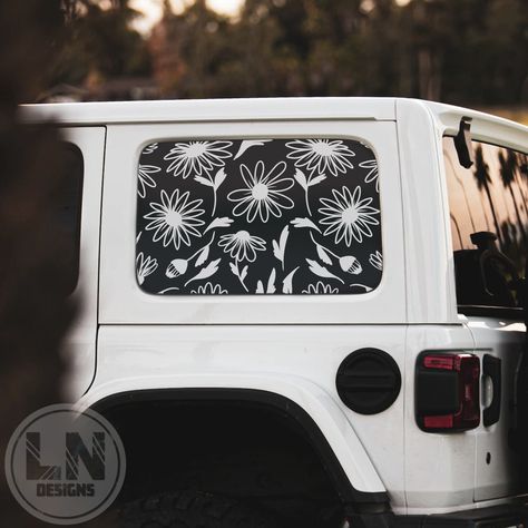 Daisies & Leaves Side Rear Window Decal Fits Jeep Wrangler - Etsy Glitter Jeep Wrangler, White Jeep Wrangler Accessories, Jeep Decals For Women, Jeep Wrangler Accessories For Women, Car Decals Unique, Jeep Wrangler Decals, Biker Vibes, Blue Jeep Wrangler, White Jeep Wrangler